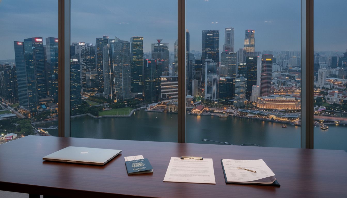 Singapore corporate relocation workspace with city skyline at dusk, representing business expansion and regional headquarters setup